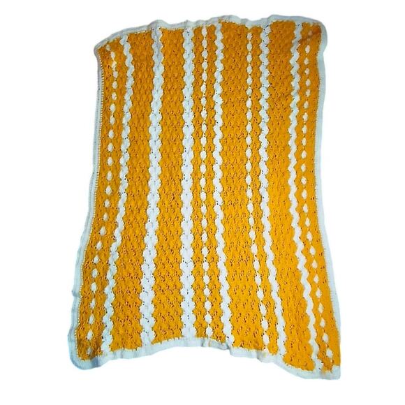 Mustard Yellow Ivory White Handmade Crochet Granny Afgan Blanket 49" x 38" - Picture 1 of 2